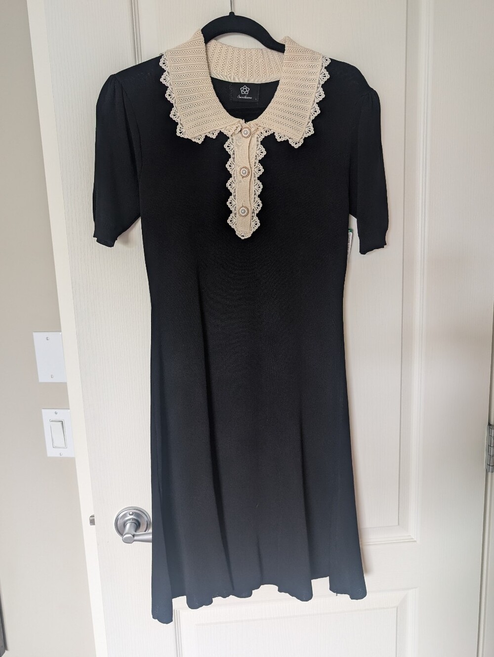 Simons - Black Dress with Cream Crochet Collar And Pearl Buttons